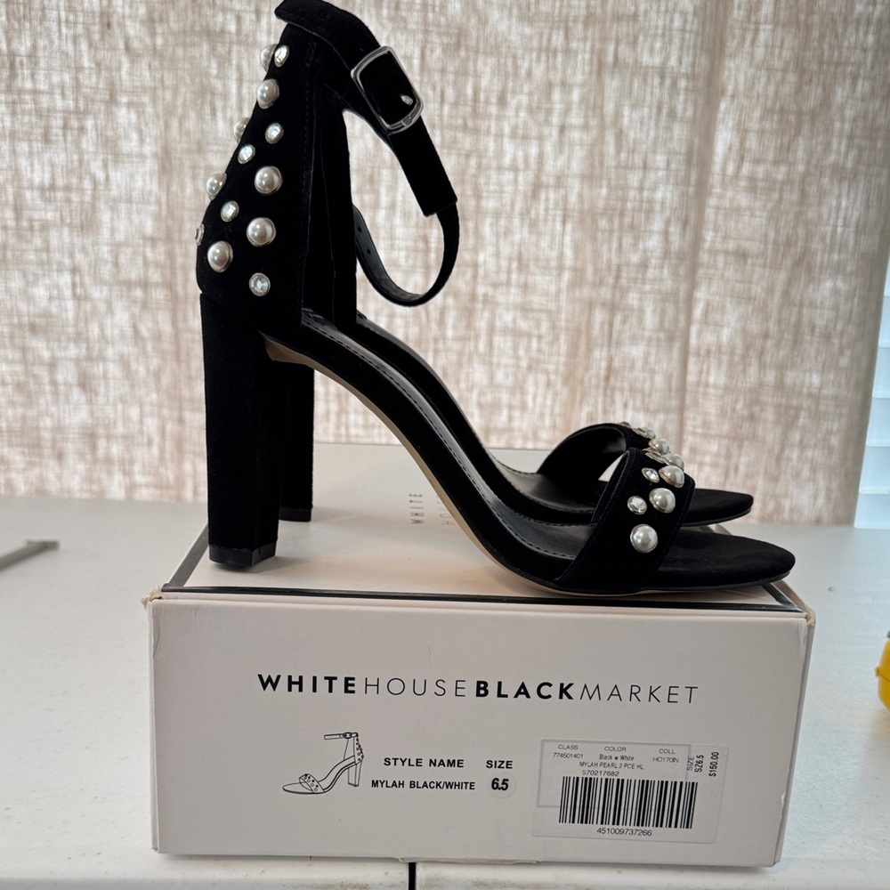 White House Black Market Black Heels with Pearl Accents